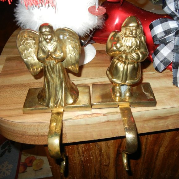 Vintage Holiday Vintage Brass Stocking Holders Set Of 2 Santa Angel